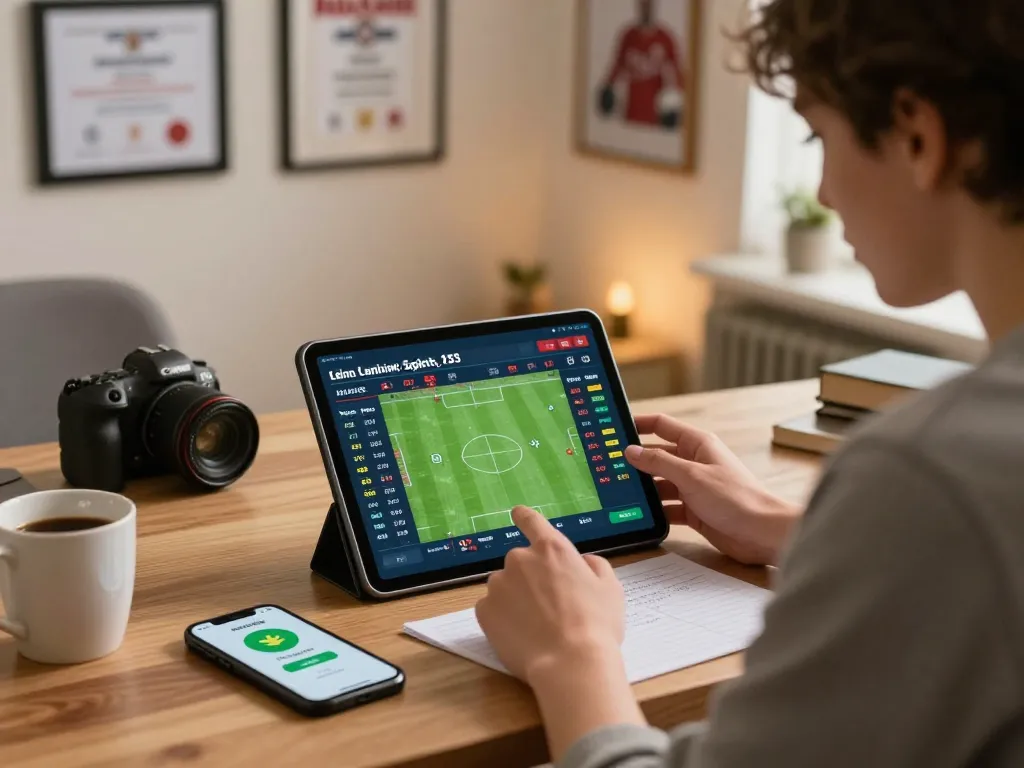 Engaging sports betting atmosphere with 90Phut TV display on tablet, showcasing real-time odds and successful bets.