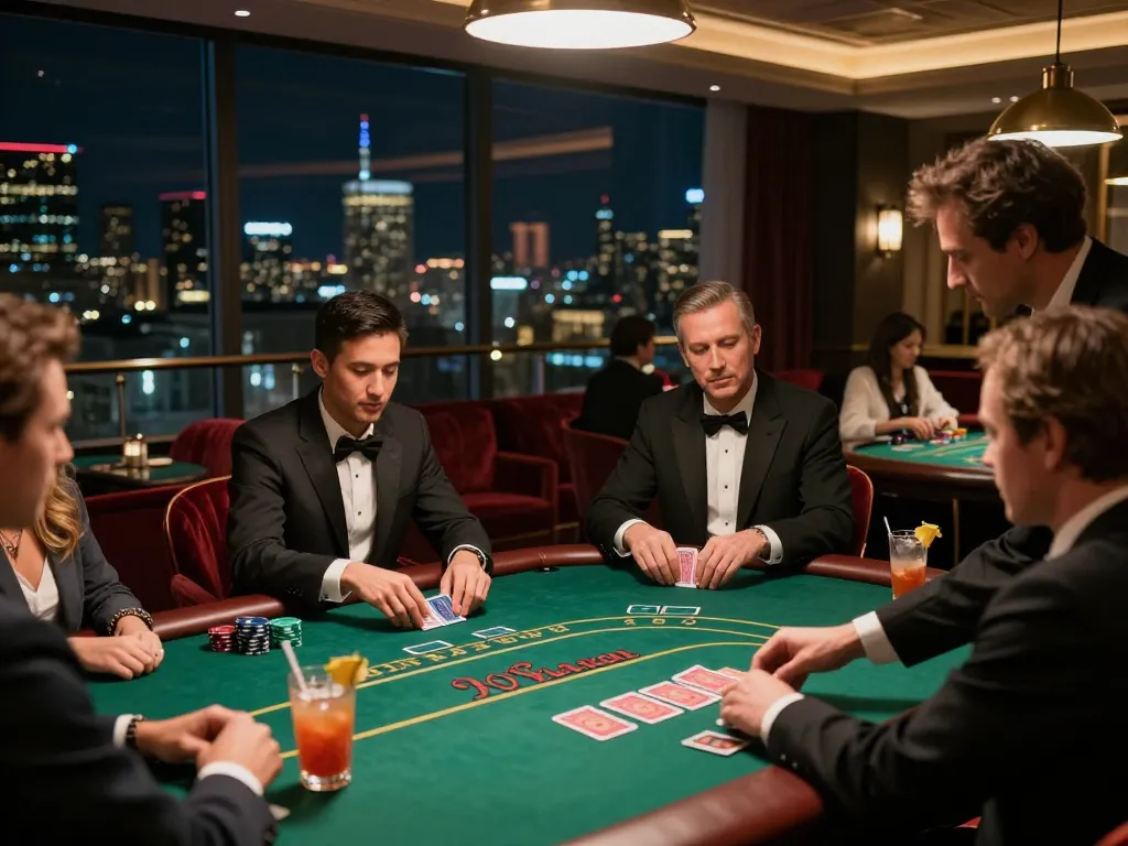 NoHu rooftop casino players enjoy a high-stakes poker game against a beautiful skyline.