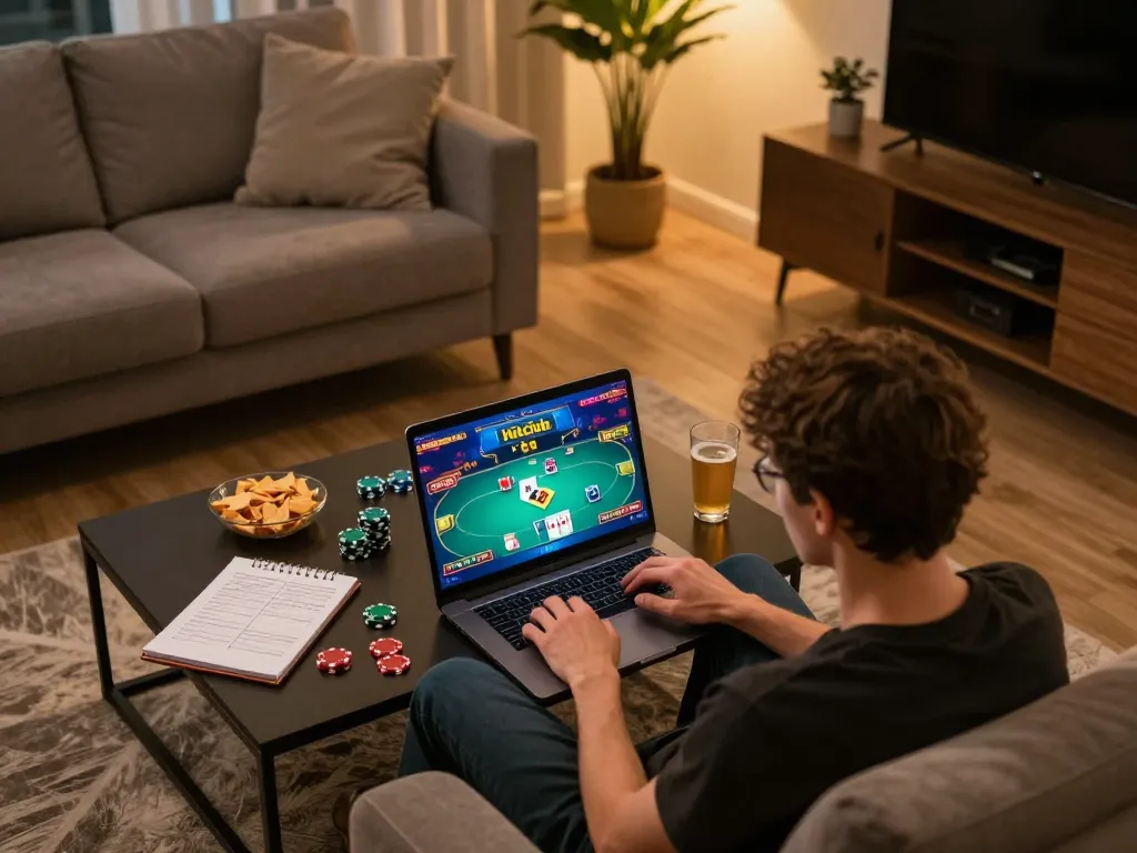 Engaging scene of online poker gameplay on Hitclub, showcasing an immersive home setup with vibrant graphics and strategy notes.