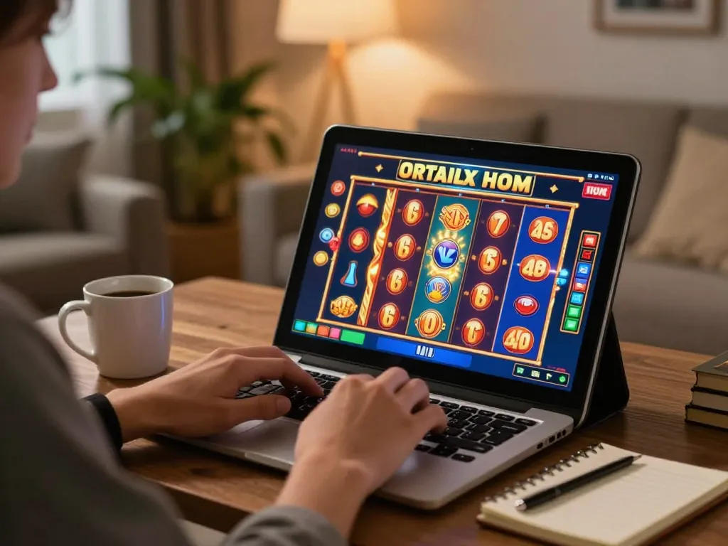 Engaged player spinning the reels on OKESLOT from a cozy home, showcasing an immersive online gaming experience.