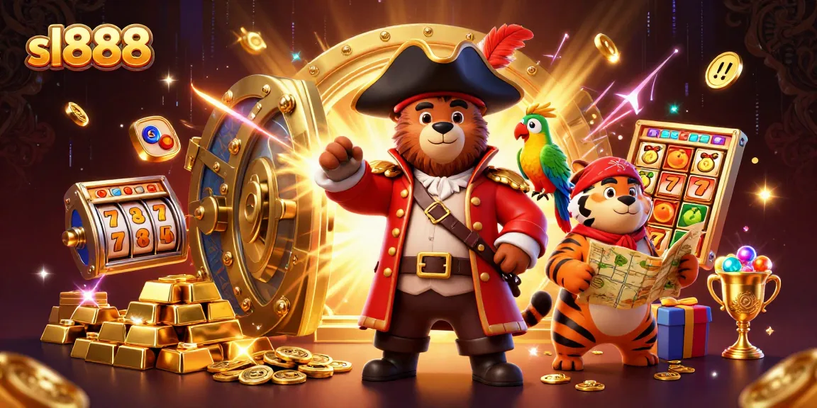 Experience excitement in sl888 with a fun illustration featuring a pirate bear, tiger, and parrot surrounded by casino symbols.