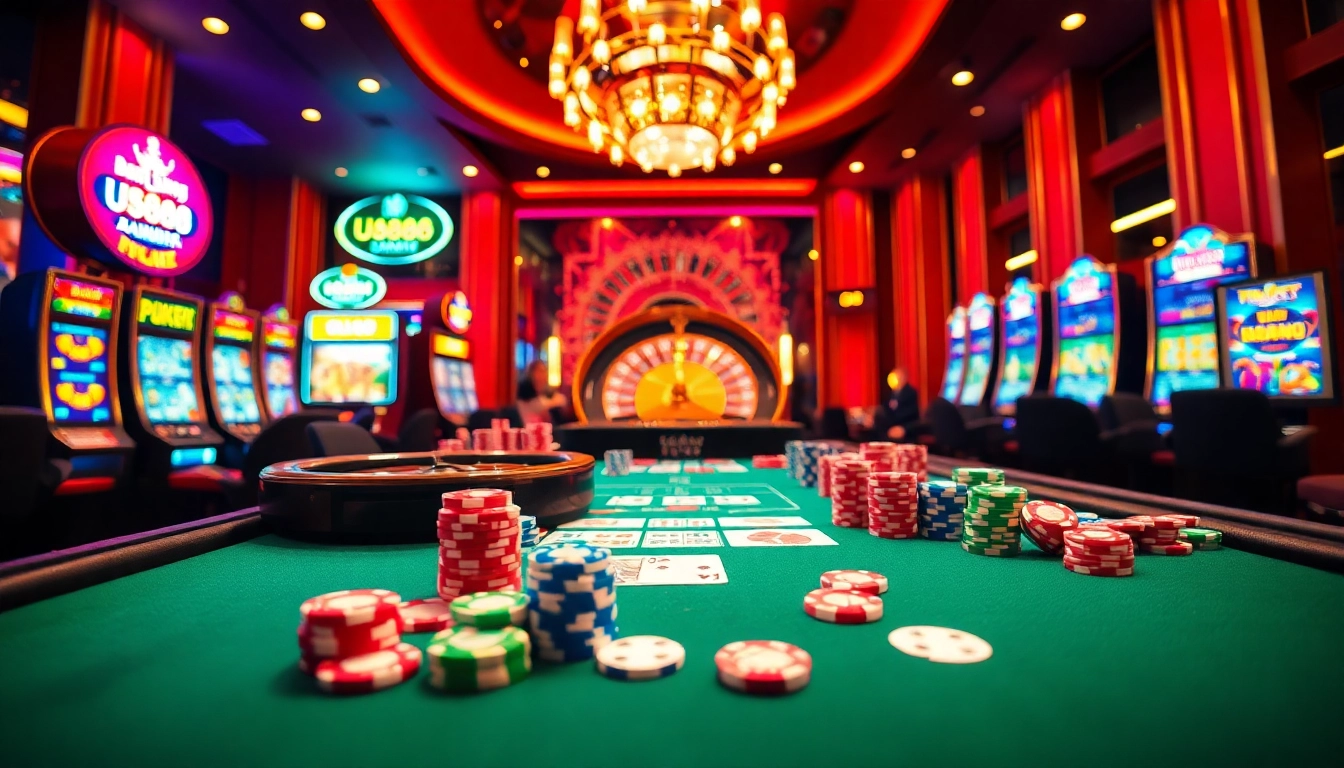 Engaging scene at Nhà cái U888 with vibrant casino table, chips, and cards.