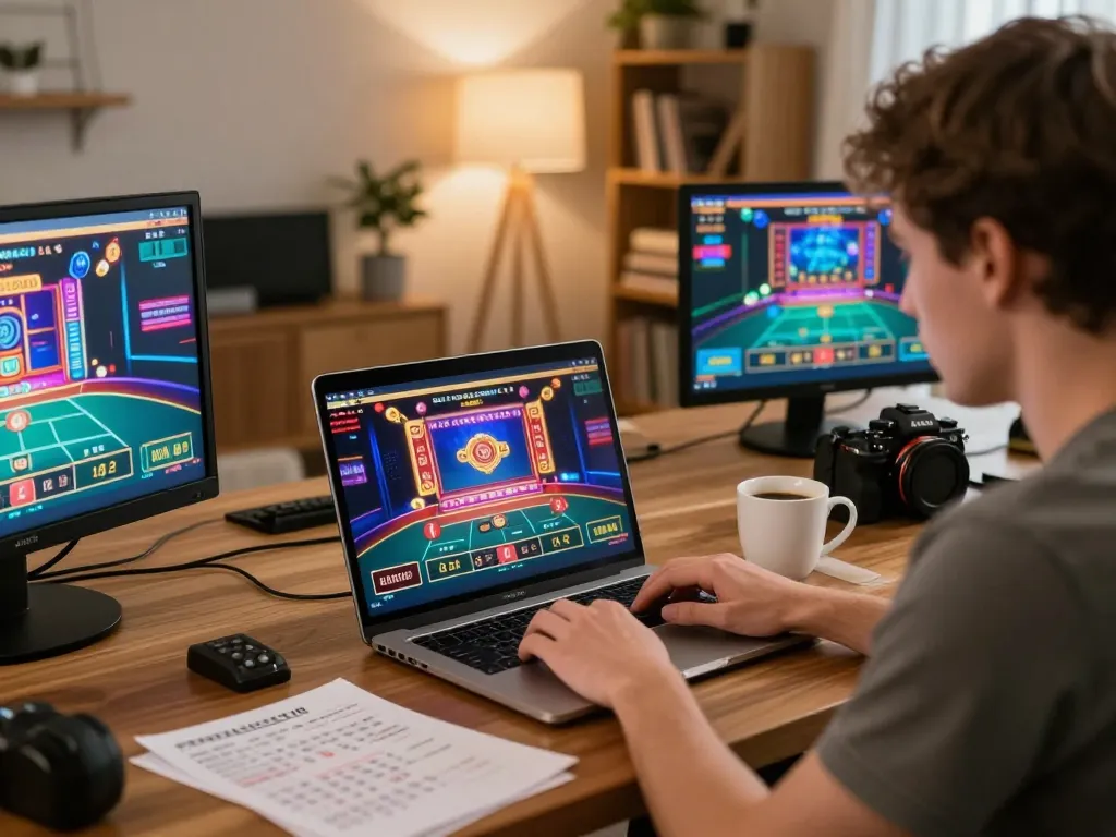 Engaging online gaming moment with LGOGOAL displayed on player’s laptop amidst relaxing home decor