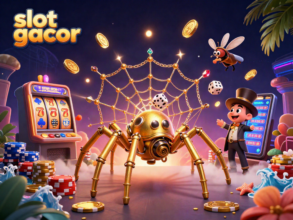 Gambar slot gacor dengan laba-laba emas steampunk dan dasbor mesin slot dalam suasana kasino 3D yang meriah.