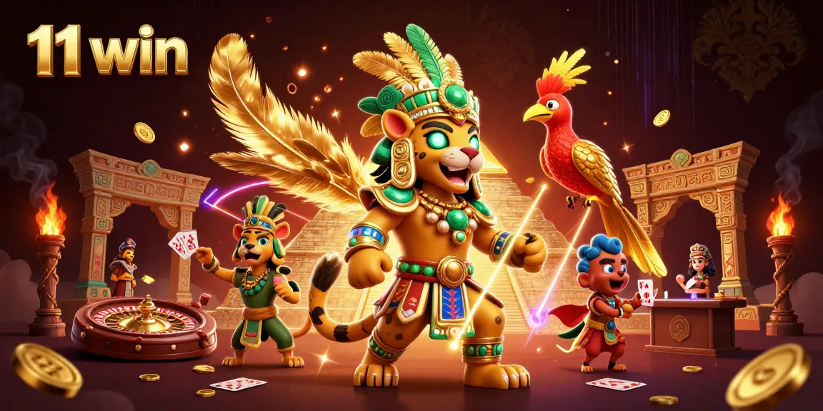 Experience the thrill of 11 win with vibrant casino elements featuring a jaguar priest, roulette wheel, and stunning visuals.