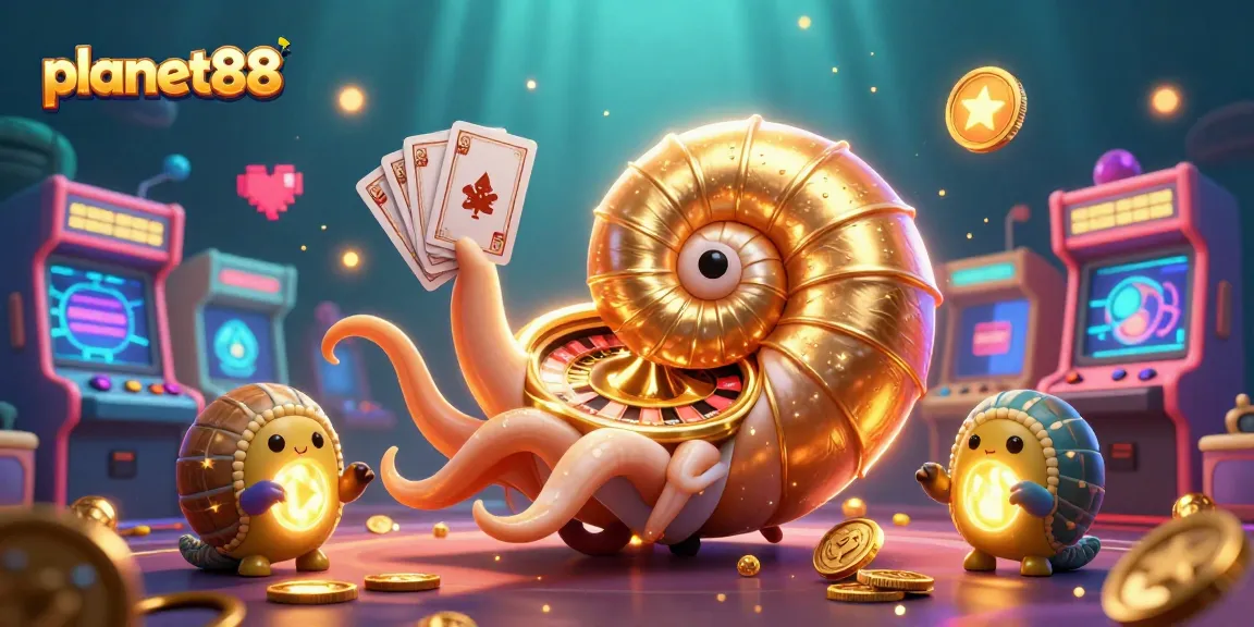 Experience the vibrant gaming scene at planet88, featuring a nautilus roulette wheel and slot elements.