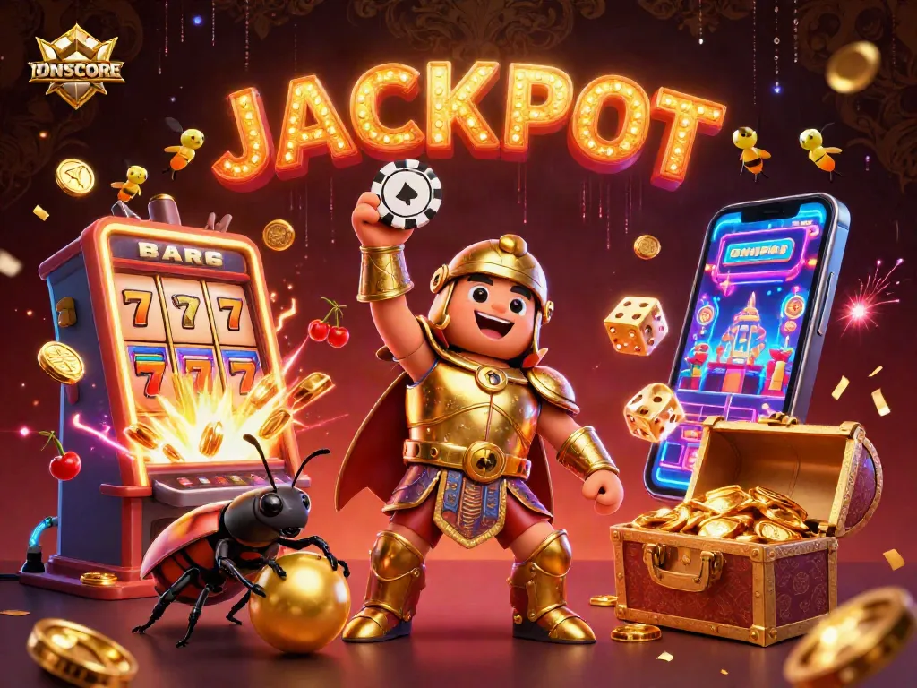 Experience gaming excitement with IDNSCORE's 3D scene of triumph featuring beetles and jackpot elements.