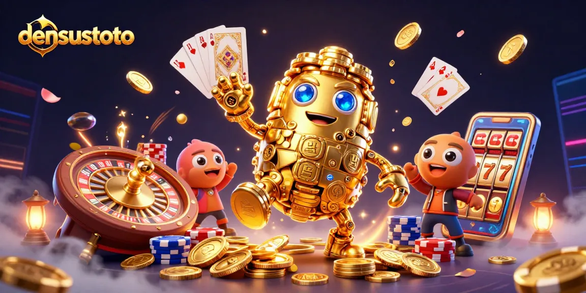 Menangkan permainan di densustoto dengan golem emas, simbol slot, dan koin bersinar.
