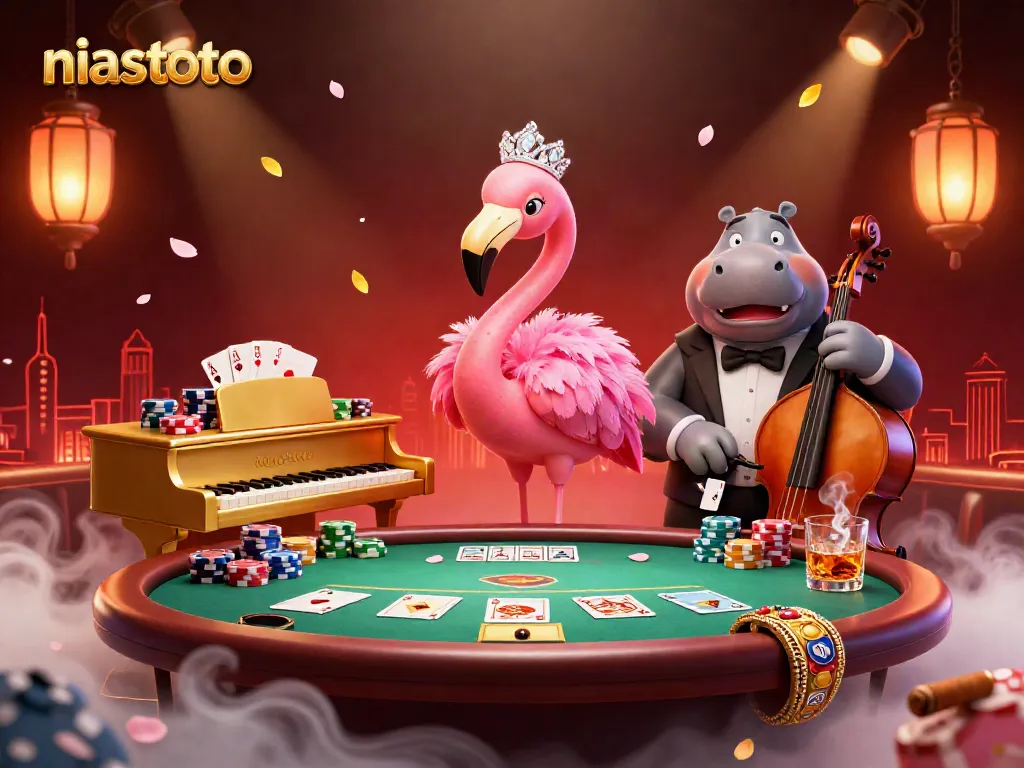 Gambarkan suasana kasino yang meriah dengan flamingo penyanyi dan hippo bassist di niastoto, dikelilingi oleh meja poker.
