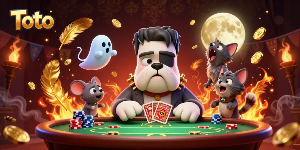 Gambarkan permainan kartu oleh Toto dengan anjing Frankenstein dan kucing serigala dalam suasana kasino yang seram.