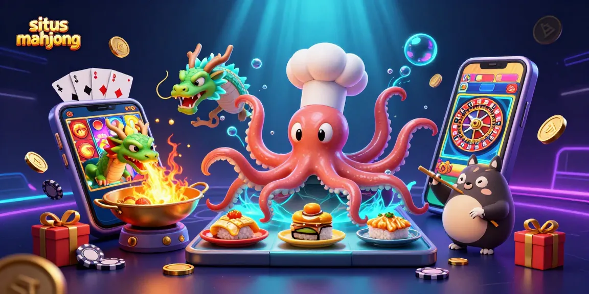 Experience excitement at situs mahjong with a vibrant 3D illustration of an octopus chef and dragon.