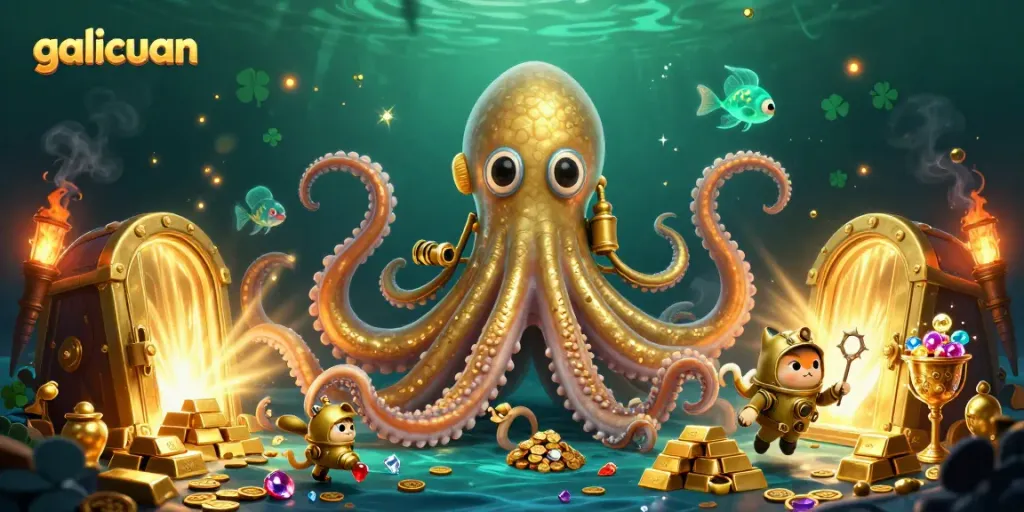 Permainan galicuan yang menarik dengan kraken raksasa dan ikan bawah laut yang bercahaya.