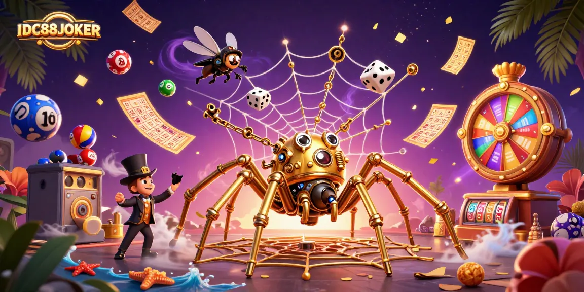 Engage with IDC88JOKER's thrilling 3D scene of a steampunk spider capturing dice amidst dynamic gaming elements.