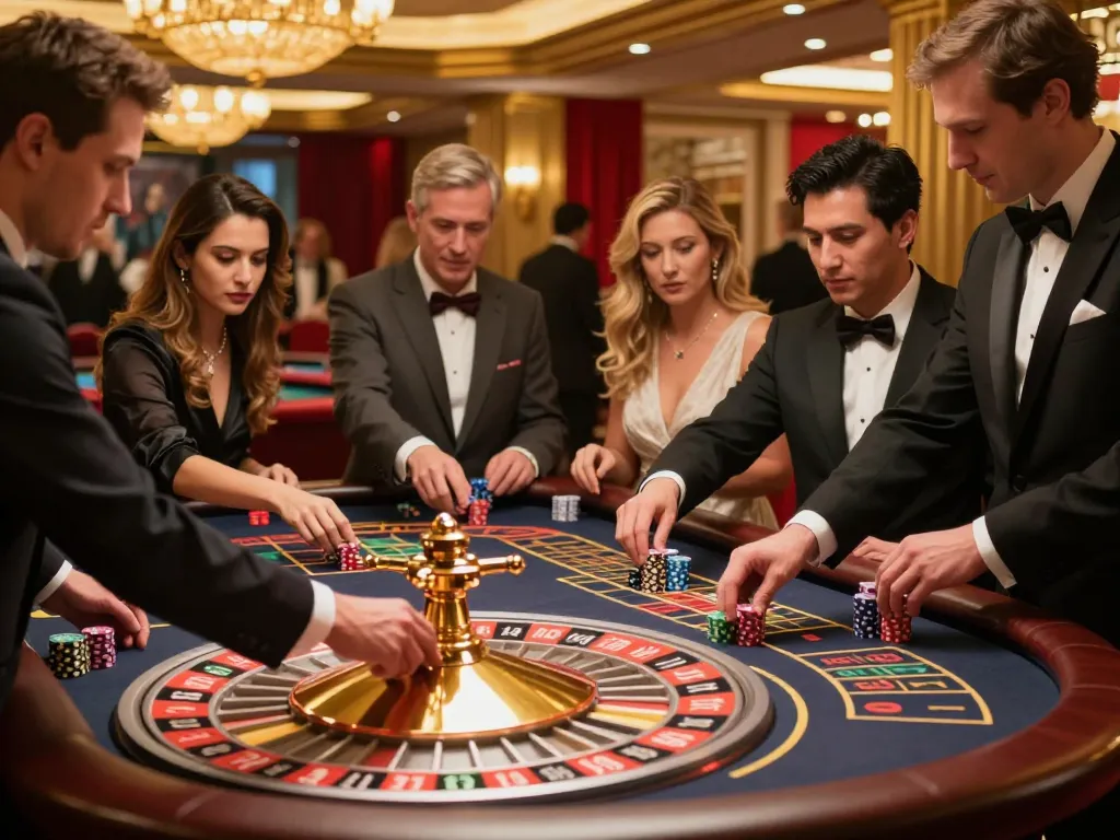 Kerajaanslot players eagerly watch the roulette wheel spin in a luxurious casino setting