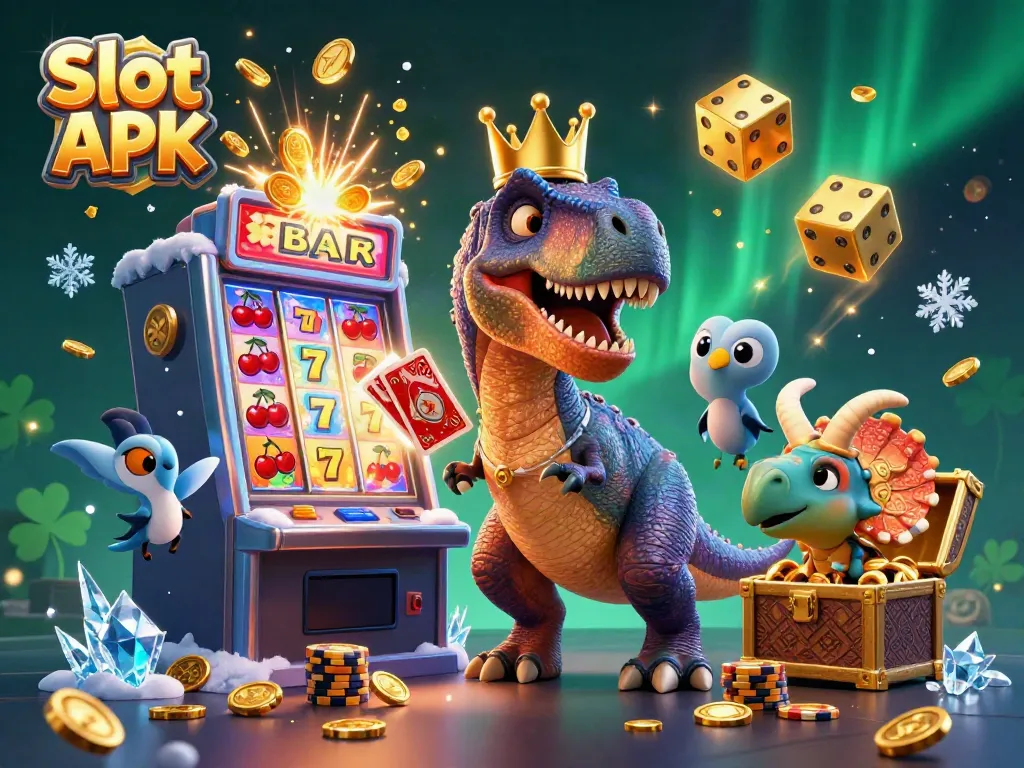 Experience exciting gameplay with Slot APK featuring a T-Rex, pterodactyl, and triceratops in a vibrant casino scene.