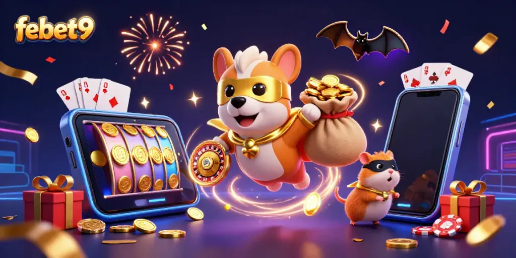 Experience the thrill of febet9 with a vibrant 3D cartoon superhero dog delivering gold coins alongside a hamster sidekick.
