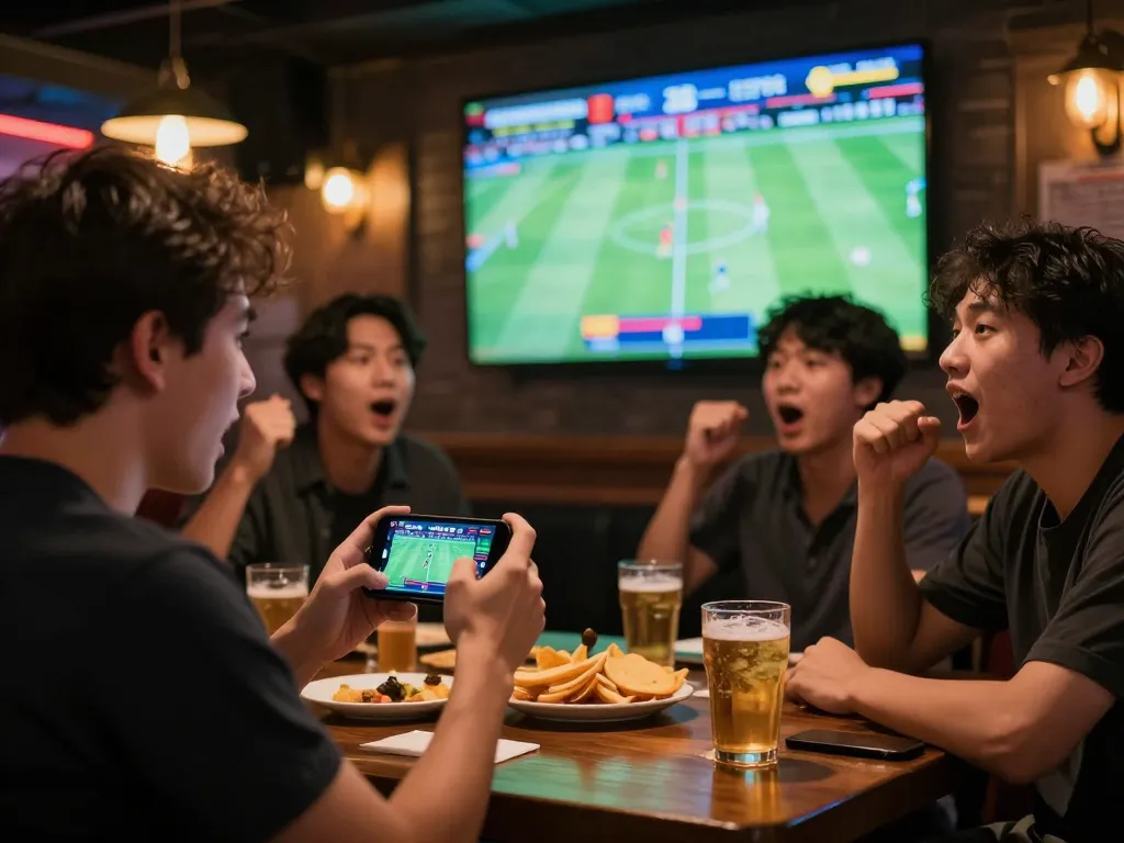 Engaged betters using the uu88 app while watching a live sports event in a vibrant sports bar atmosphere.