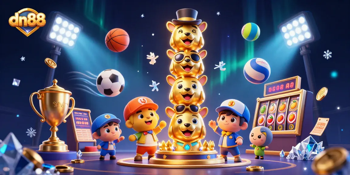 Engage with exciting gaming at dn88 through vibrant 3D casino-themed illustration with slot symbols.