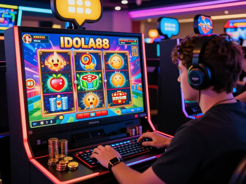 IDOLA88 player immersed in an exciting virtual casino gaming experience with vibrant slot graphics and jackpot alerts.