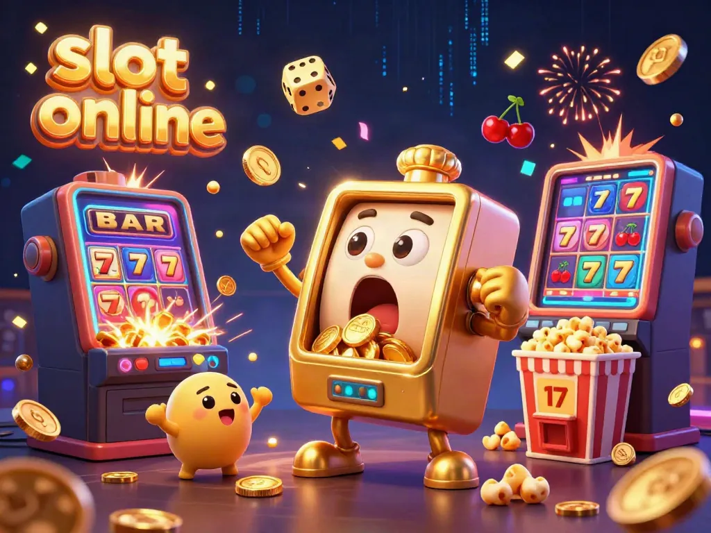 Slot online menyajikan jackpot dengan mesin slot emas menyala, koin berhamburan.