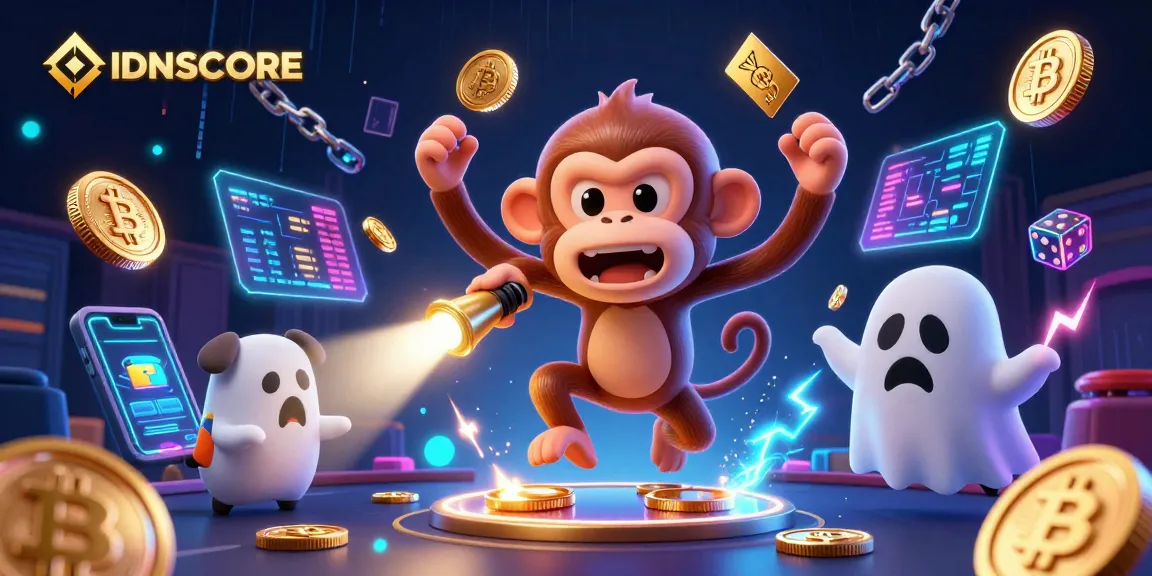 IDNSCORE platform showcases a ghost-hunting puppy following a playful poltergeist monkey in a lively casino setting.