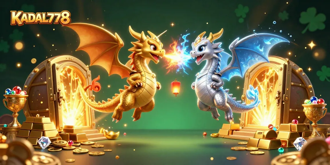 Experience excitement with KADAL778, showcasing stunning twin dragons in a dynamic casino scene filled with treasure.