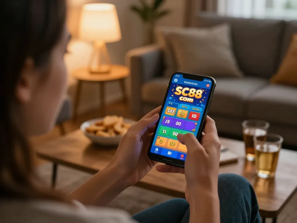 Playing casino games on SC88 Com app in a cozy home setup, showcasing mobile gaming.
