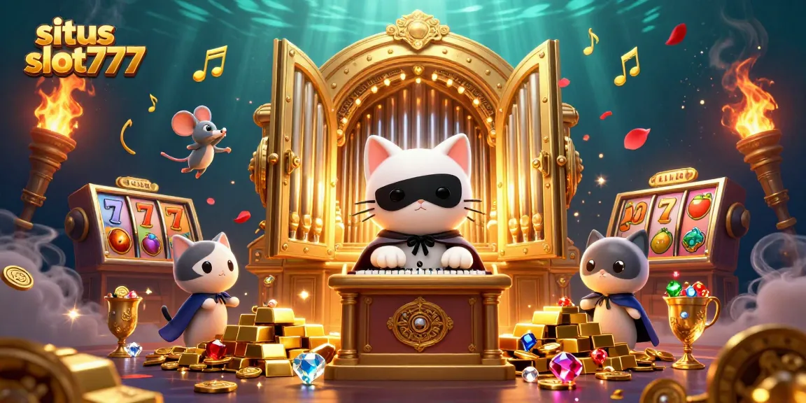 Experience excitement with situs slot777's vibrant 3D casino scene featuring a mystical cat, treasures, and slot game elements.