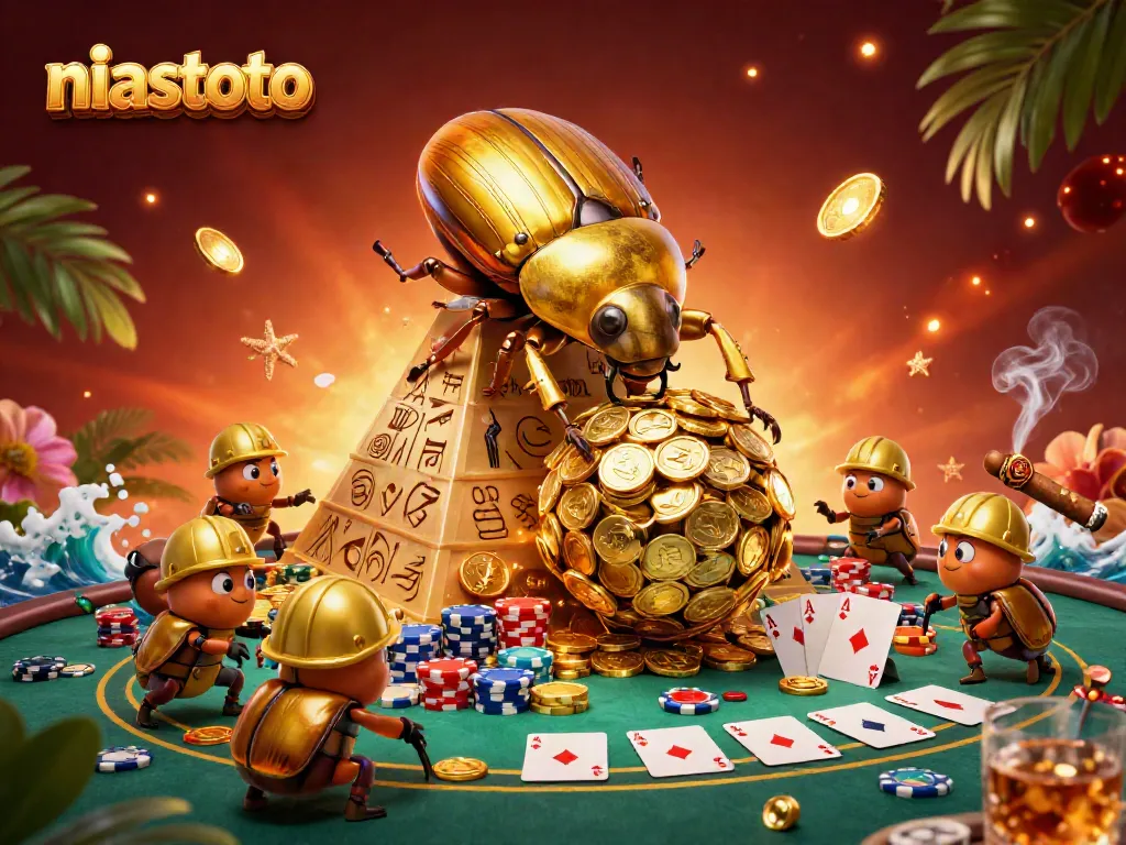 Experience winning thrills with niastoto; vibrant 3D illustration of a golden beetle and casino riches.
