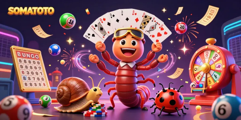 SOMATOTO features a vibrant scene of lively characters engaged in lottery activities, showcasing excitement and immersive gameplay.
