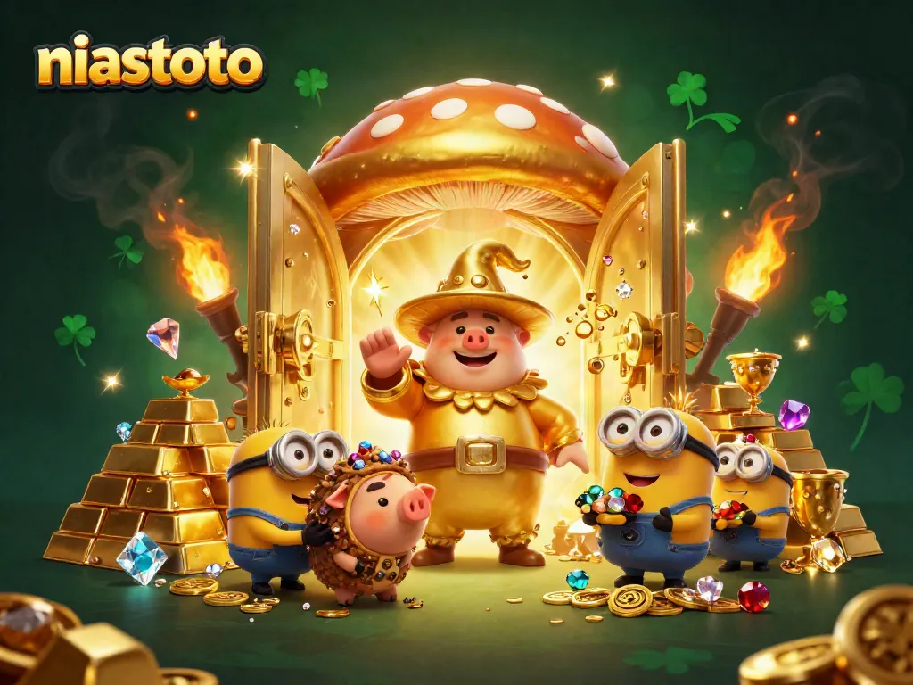 Ilustrasi 3D niastoto dengan penyihir jamur emas, babi truffle, dan harta karun yang berkilauan.