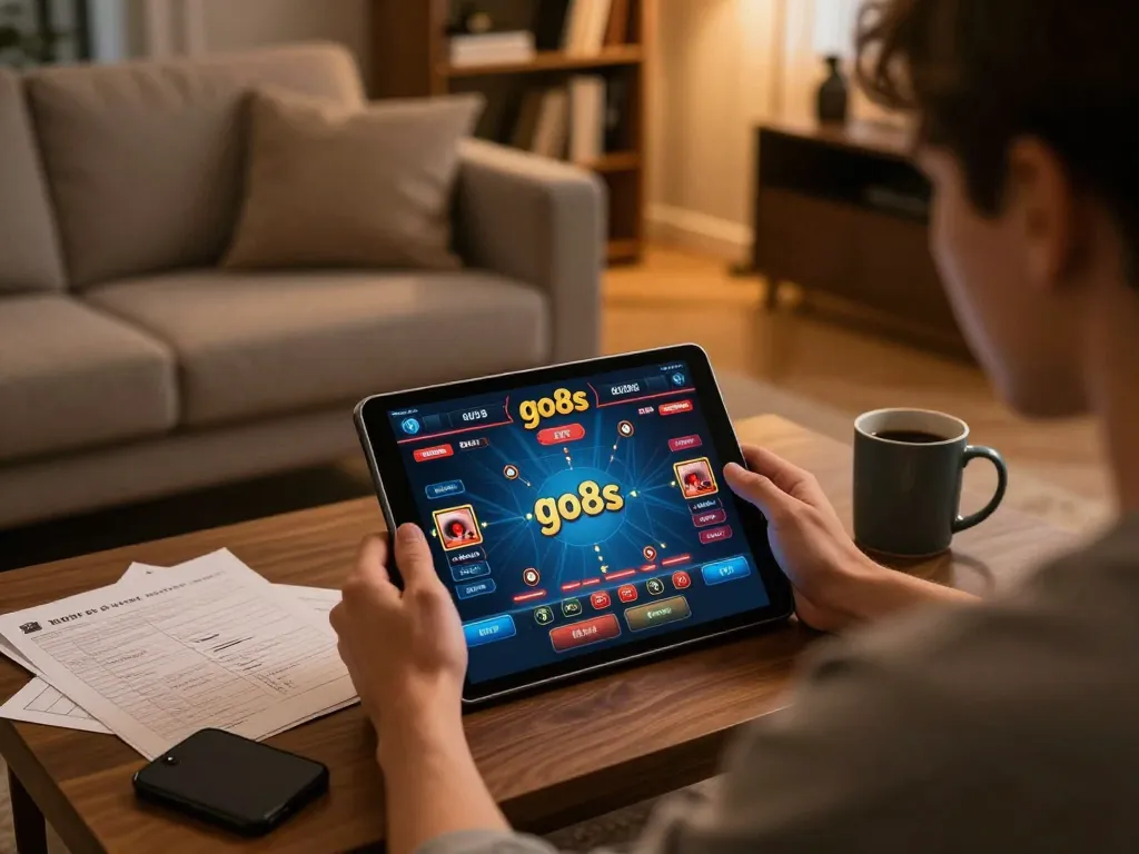 Engaged player exploring advanced go8s online casino game interface on a tablet in a cozy home setting.