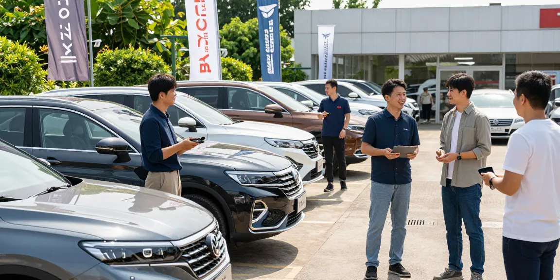 Pengunjung melihat aplikasi slot di dealer mobil mewah, suasana ceria dan ramah.