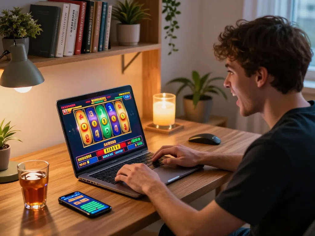 MPOID gaming session showcasing a player enjoying colorful online slots in a cozy home environment.