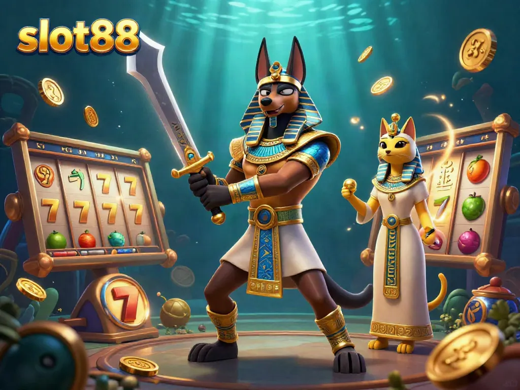 Experience the excitement at slot88 with lively 3D illustrations of Anubis and Bastet amidst spinning reels.