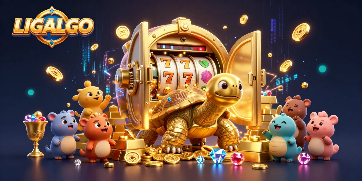 LIGALGO showcases a majestic slot machine tortoise amidst golden treasures, inviting players with jackpots.