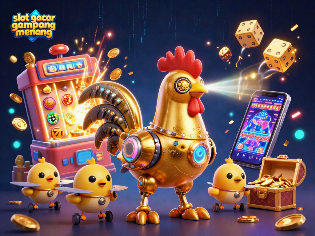 Engage with slot gacor gampang menang strategies featuring an illustrated golden rooster robot and dynamic casino elements.