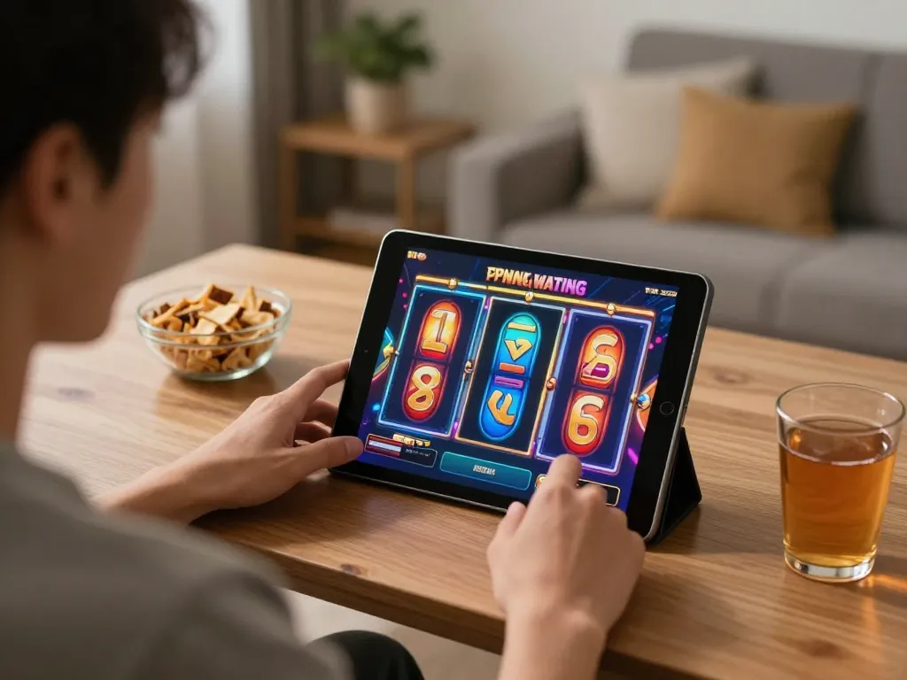 Player enjoying LGODEWA's online slot games on a tablet in a cozy home setting.