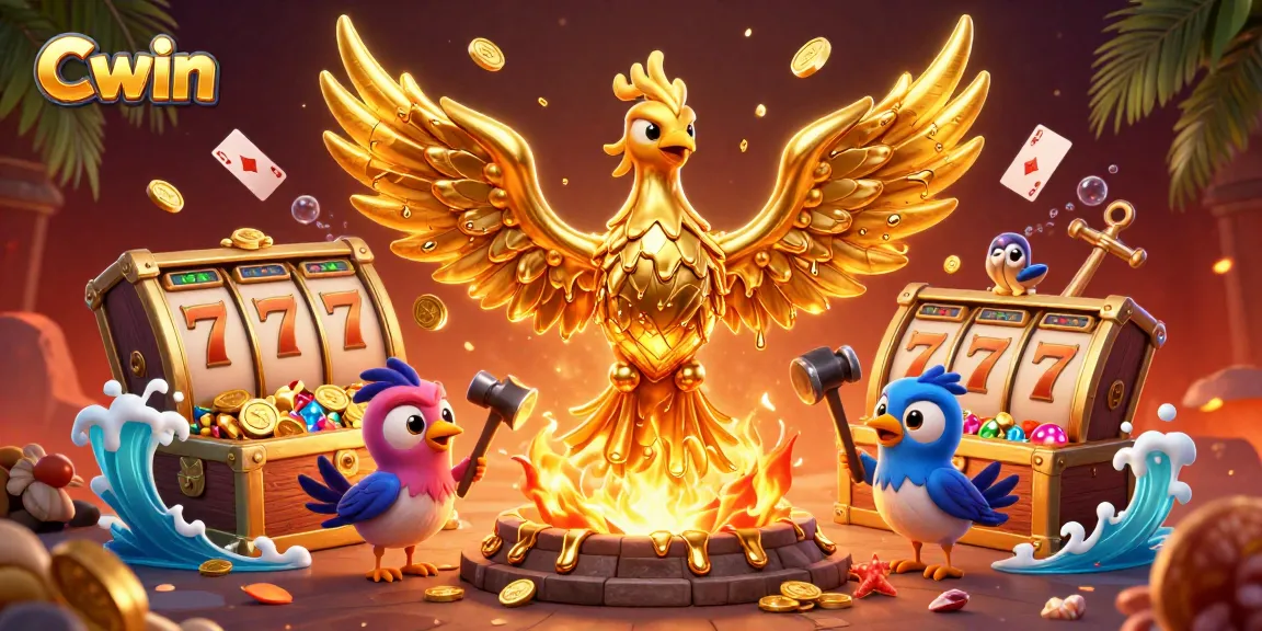 Cwin slots come alive with a molten golden phoenix and vibrant treasure right at your fingertips.
