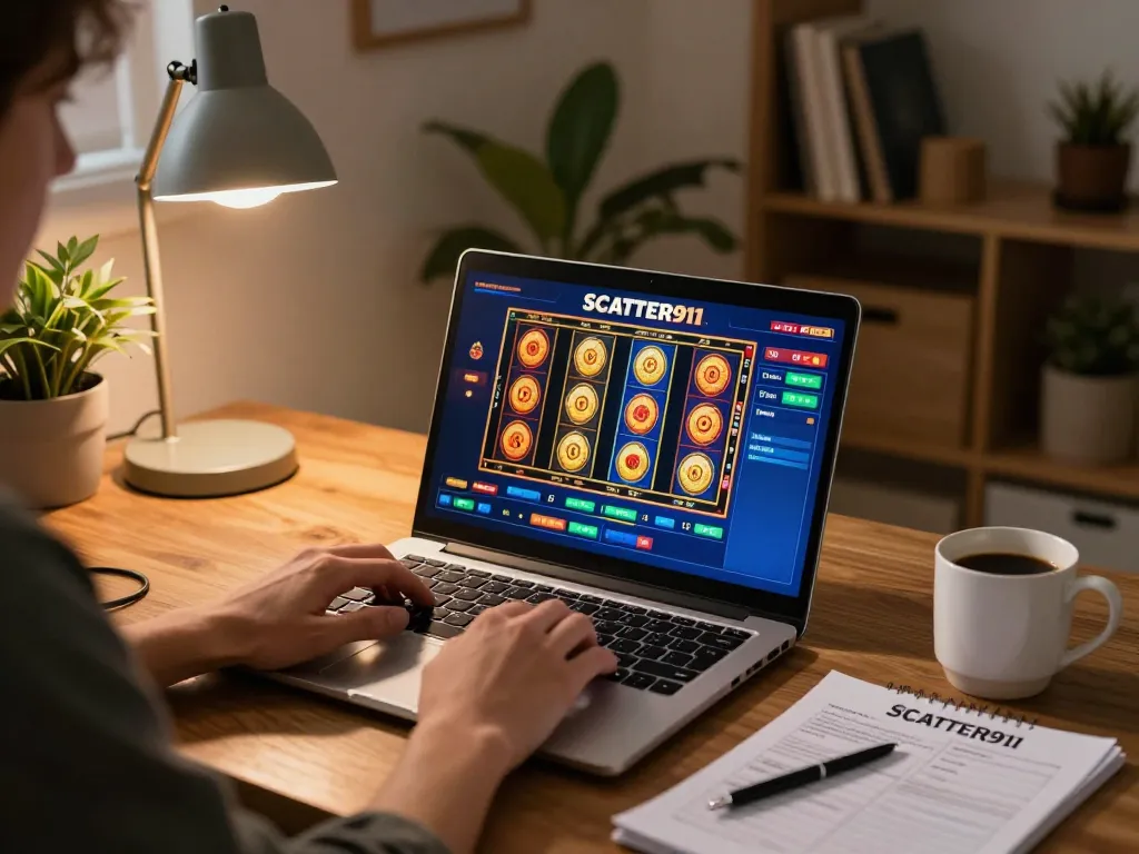 Engaging scene of a player enjoying SCATTER911 slots on a laptop with coffee, showcasing online gambling experience