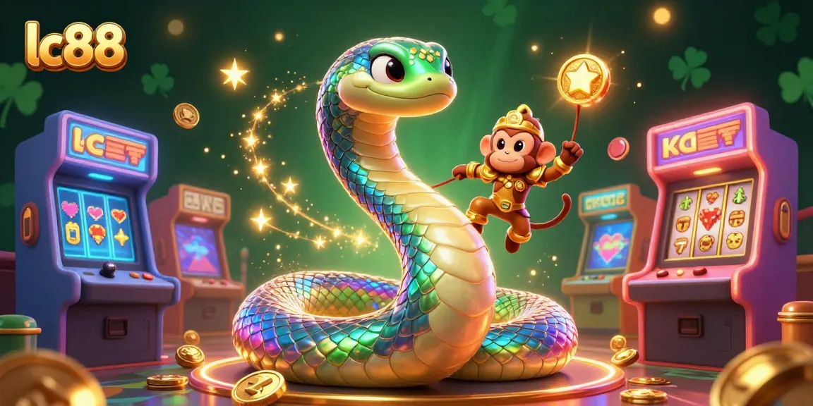 Engage with vibrant gameplay at lc88 featuring a colorful 3D scene with a rainbow serpent and casino elements.