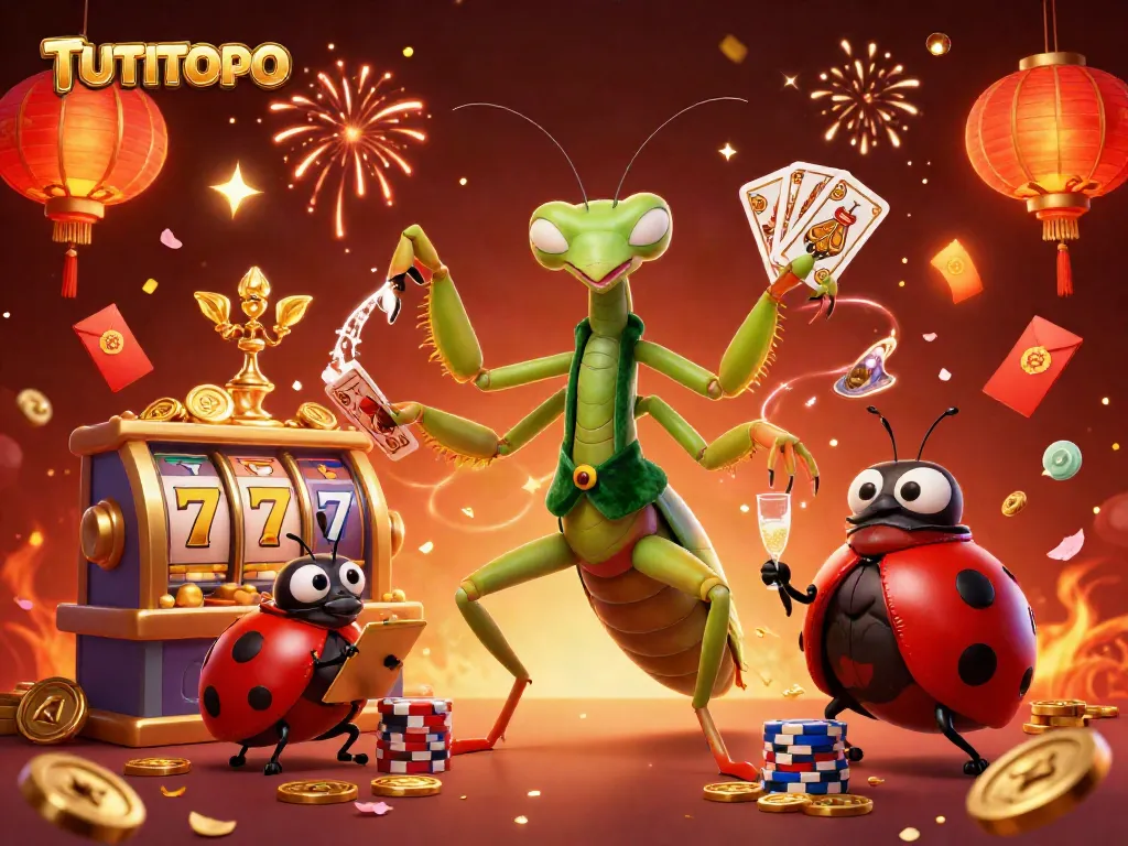 Experience the excitement of TUTITOTO with a vibrant 3D casino scene featuring card games and jackpot elements.