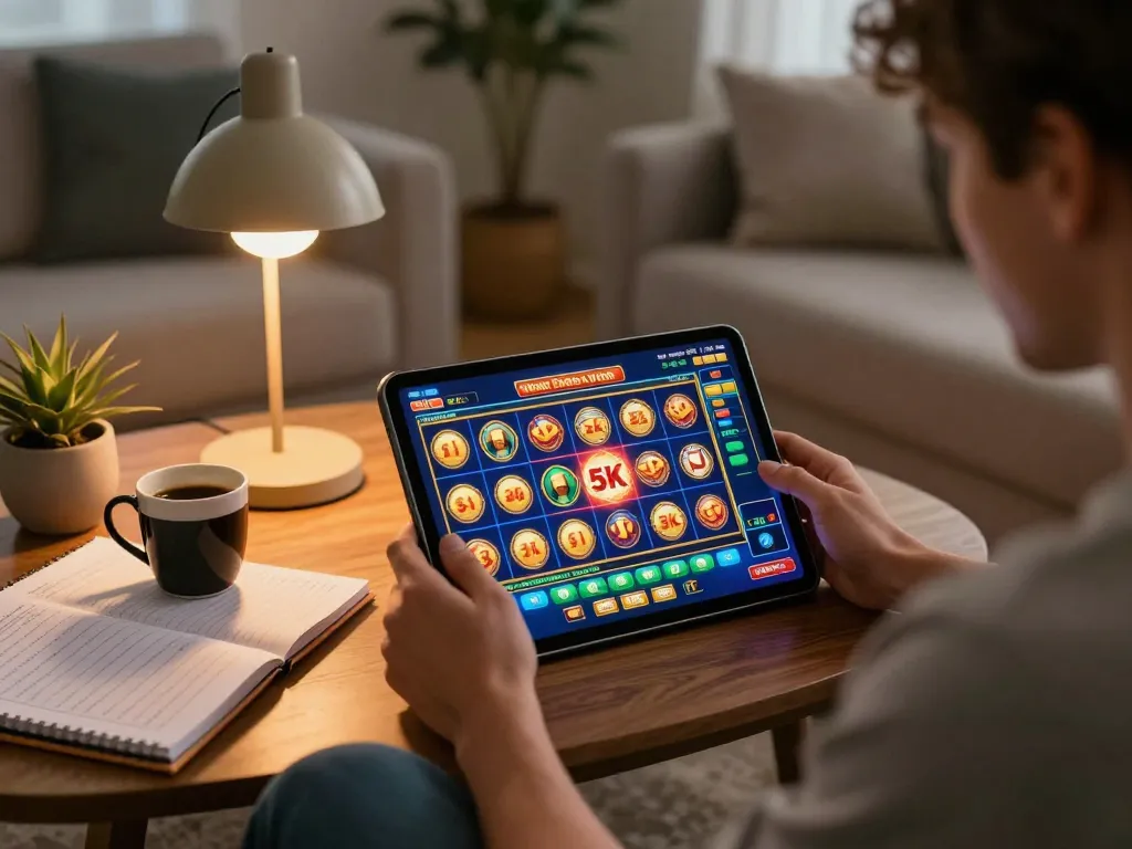 Pemain yang terlibat menikmati permainan slot depo 5k di tablet di rumah dengan suasana nyaman dan catatan strategi