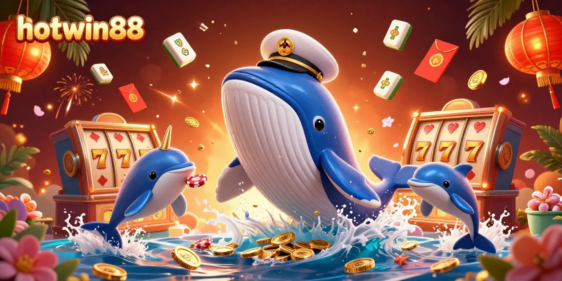 Experience the excitement of hotwin88 with a vibrant 3D casino scene featuring a whale, narwhal, and dolphins.