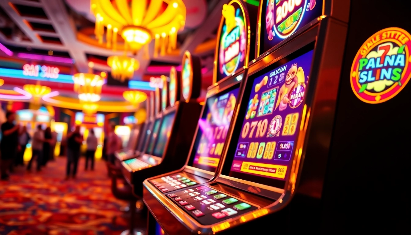 Mainkan galicuan dengan simbol cerah di mesin slot kasino yang ramai.
