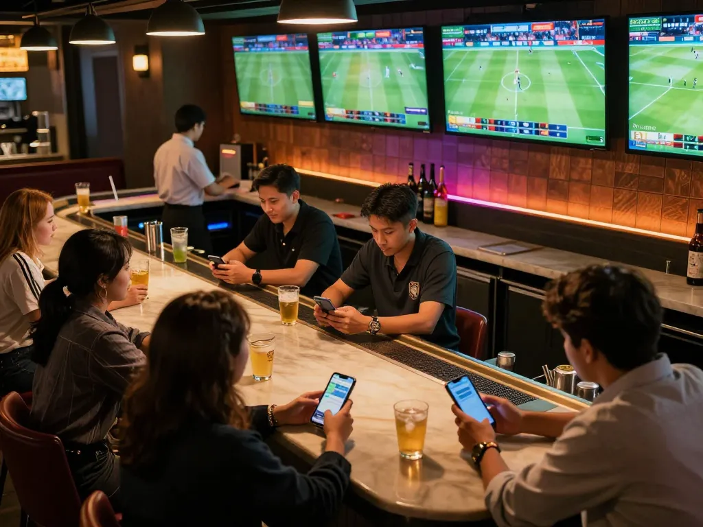 Passionate football fans engaging with 78win betting app in sports bar atmosphere.
