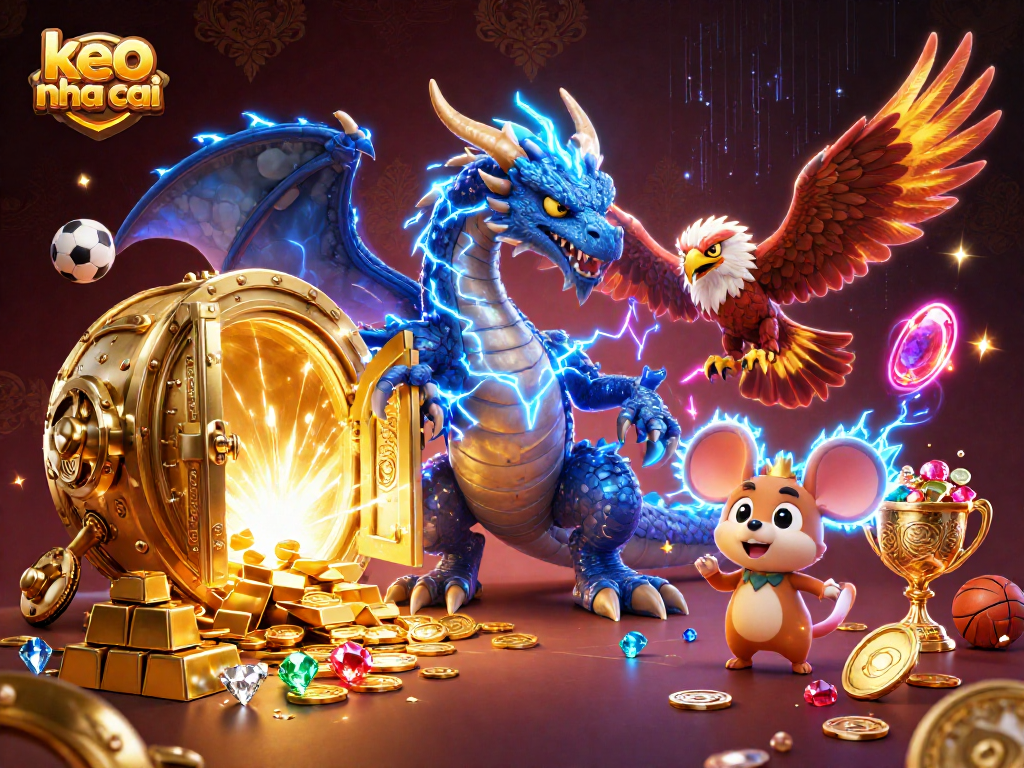 Engage in thrilling games at keo nha cai with vibrant characters and gold-filled casino atmosphere.
