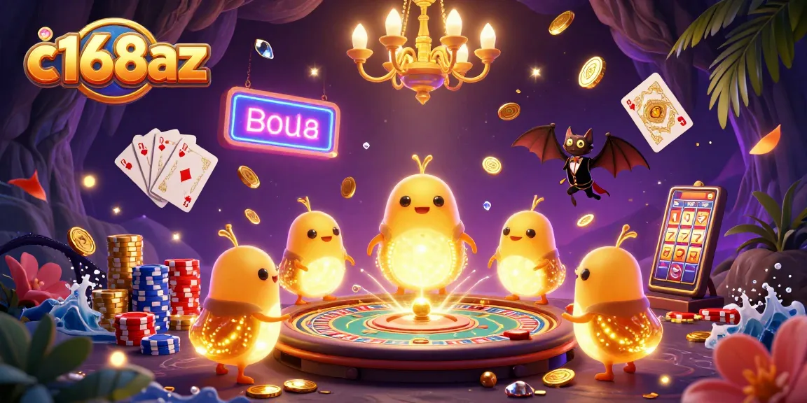 Illuminate your winnings at C168az as glowworms light up a casino scene with golden coins and vibrant games.