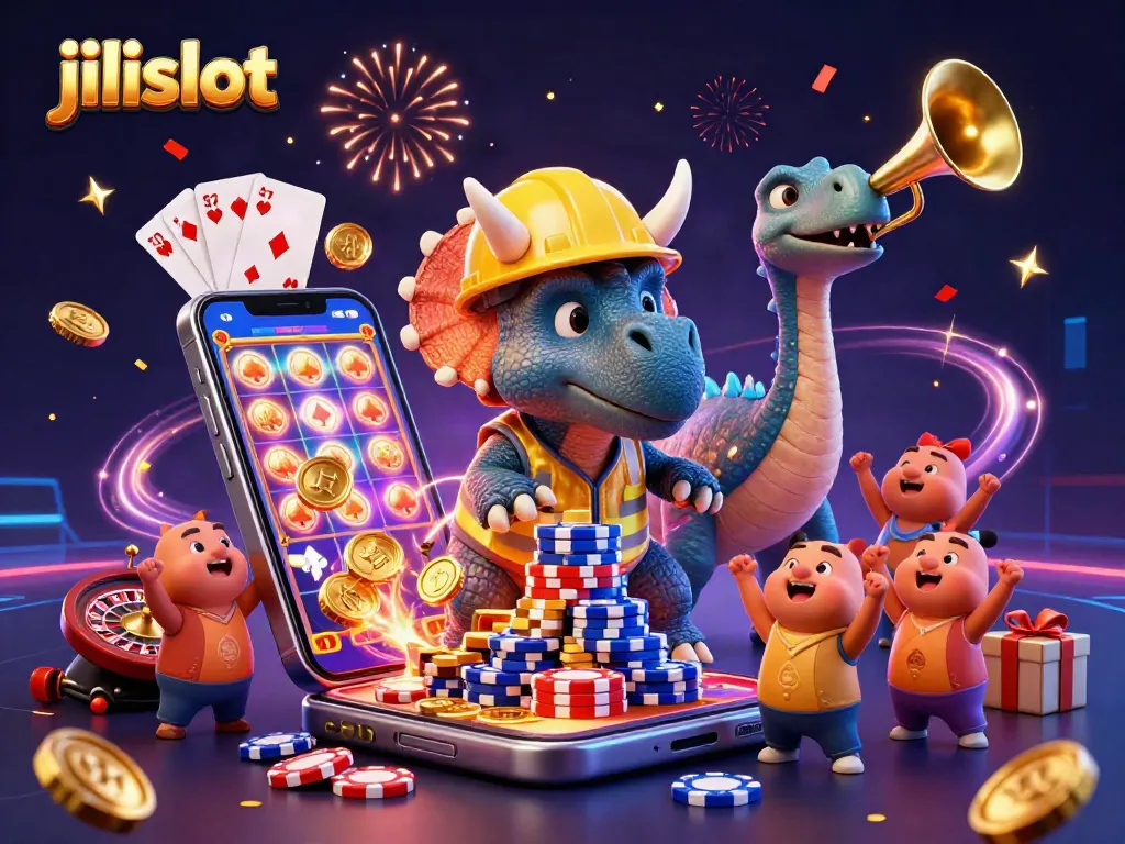 Experience thrilling jilislot gaming with colorful characters and exciting casino elements in a vibrant scene.