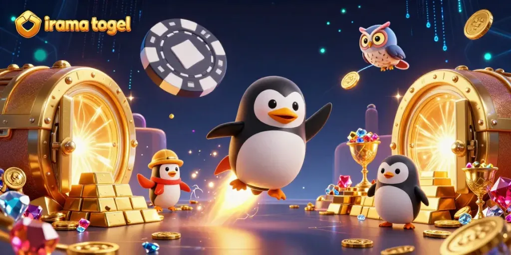 Witness the thrilling irama togel adventure with a golden penguin in space toward a vibrant casino chip station.